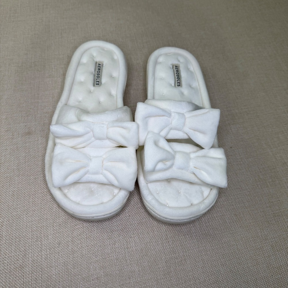 Aerosoles Womens White Plush Double Bow Slide Slippers Size L 8-9 Quilted Spa